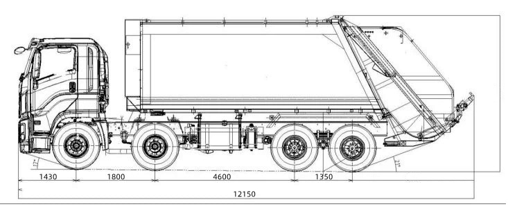 Technical drawing of Sinotruk Howo 30cbm refuse compactor truck